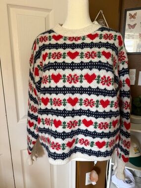NWT Old Navy Cream Heart Pattern Sweater with Frilly Detailing / Size M